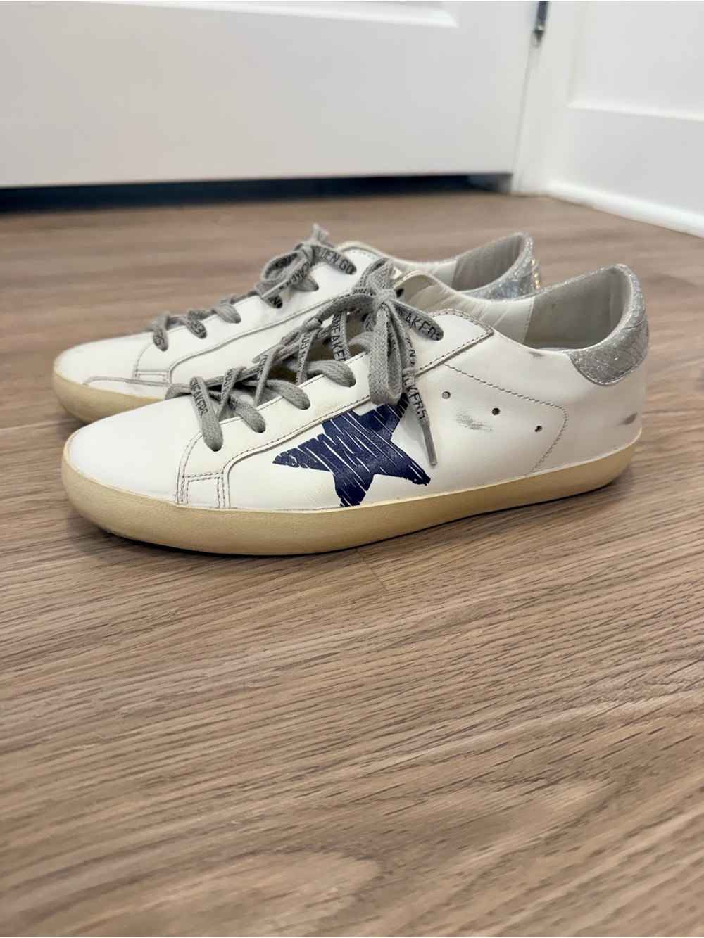 Golden Goose White Leather Sneakers with Blue Star and Silver Heel - Picture 2 of 8